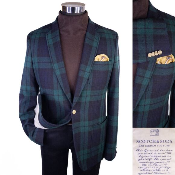 Scotch & Soda Flannel Blazer Jacket Sport Coat Navy Gold Button Check Plaid M/38